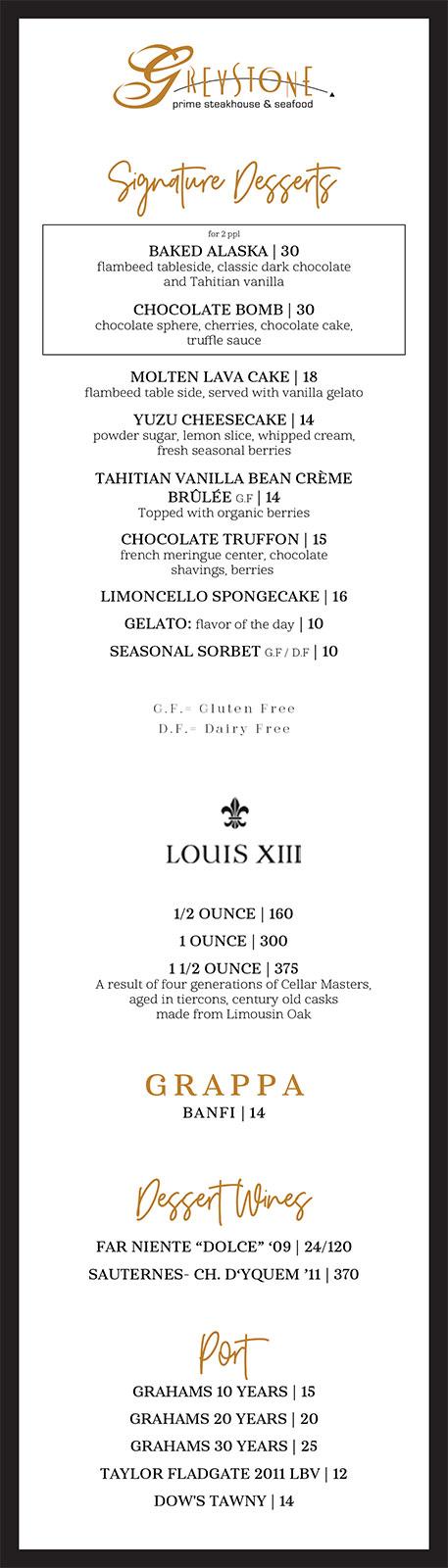 Dessert menu, Greystone.
