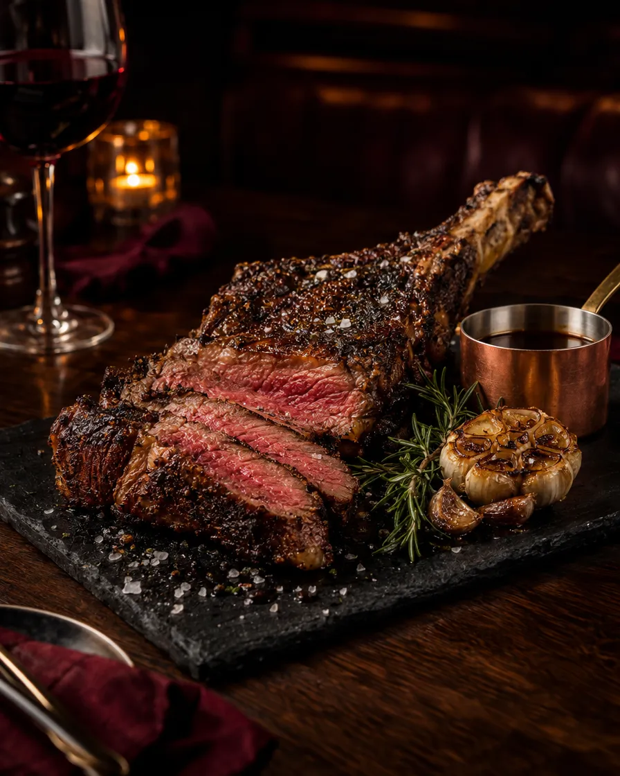 21-day dry-aged USDA Prime bone-in ribeye sliced medium rare 21-day dry-aged USDA Prime bone-in ribeye sliced medium rare at a San Diego steakhouse