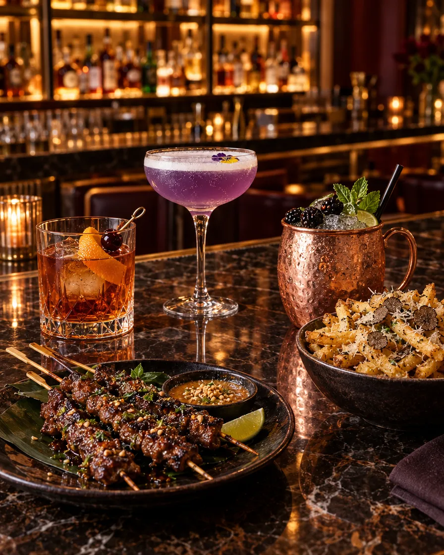 Gaslamp happy hour cocktails with old fashioned, mule and be Gaslamp happy hour cocktails with old fashioned, mule and beef satay at the steakhouse bar