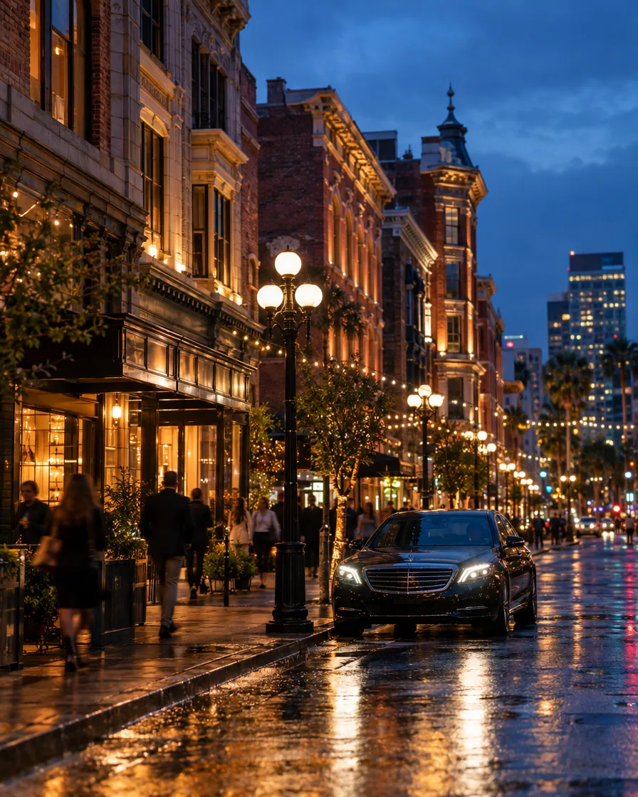 Gaslamp Quarter street at dusk near Greystone steakhouse par Gaslamp Quarter street at dusk near Greystone steakhouse parking and valet in downtown San Diego