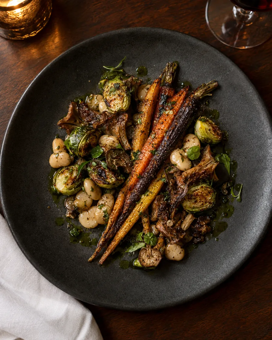 Gluten-free vegetarian entree of roasted carrots, mushrooms Gluten-free vegetarian entree of roasted carrots, mushrooms and brussels sprouts at a San Diego steakhouse