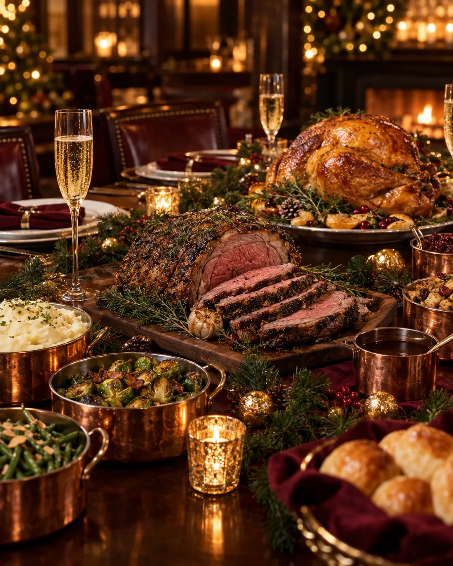Holiday party dinner table with prime rib and festive dishes Holiday party dinner table with prime rib and festive dishes at a Gaslamp Quarter steakhouse in San Diego