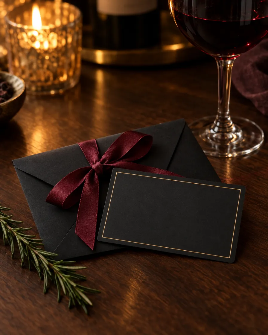 Black and gold steakhouse gift card with burgundy ribbon and Black and gold steakhouse gift card with burgundy ribbon and red wine