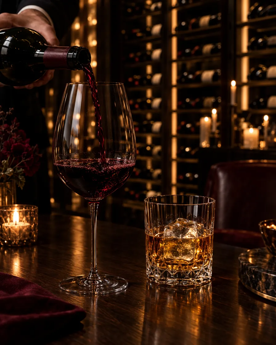 Sommelier pouring Cabernet beside single malt scotch in fron Sommelier pouring Cabernet beside single malt scotch in front of a steakhouse wine wall in San Diego