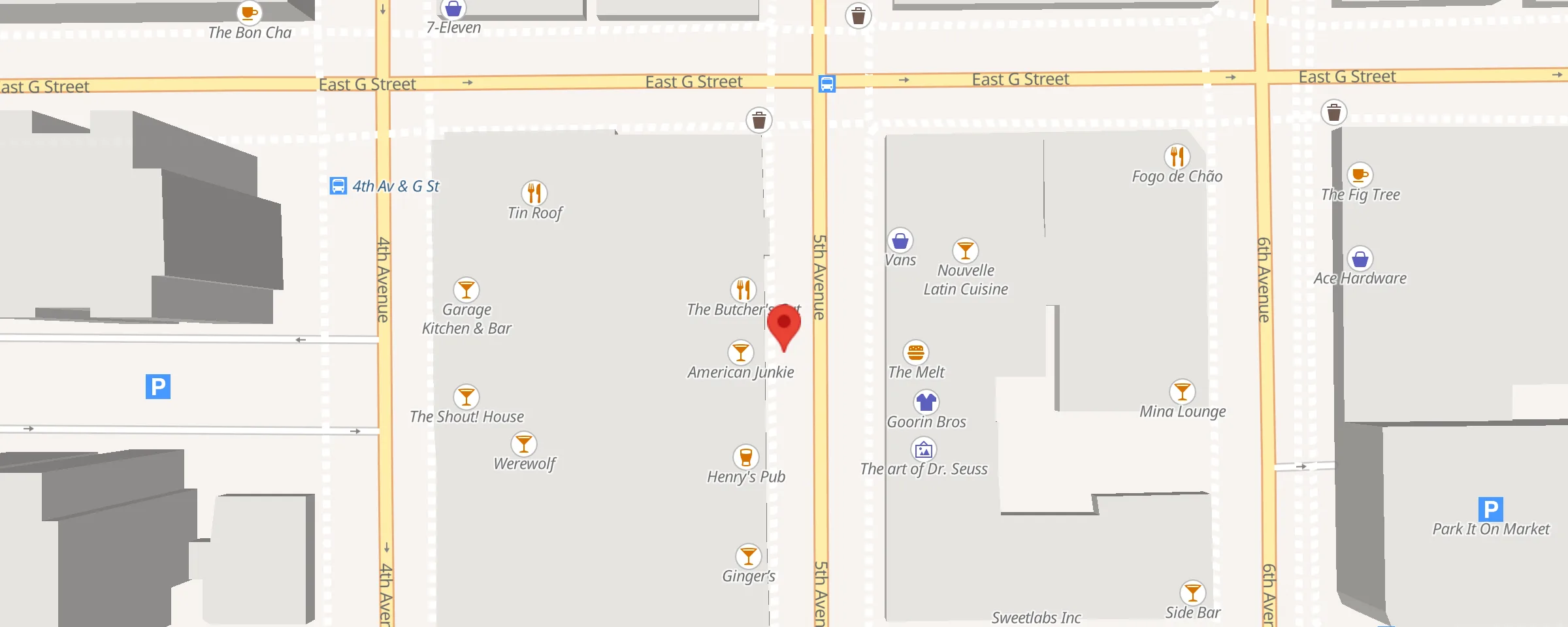 Map of the Gaslamp Quarter showing Greystone Steakhouse at 658 Fifth Avenue, San Diego